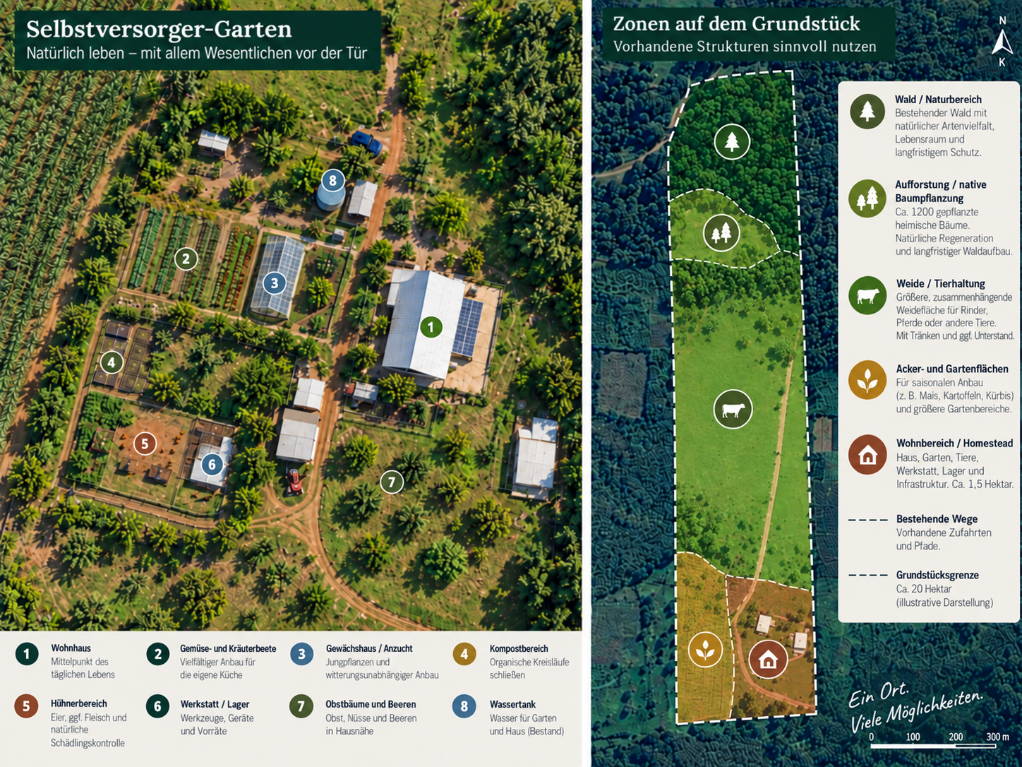 Selbstversorger-Konzept mit hausnahem Garten und beispielhaften Nutzungszonen für Acker, Weide, Aufforstung und Wald