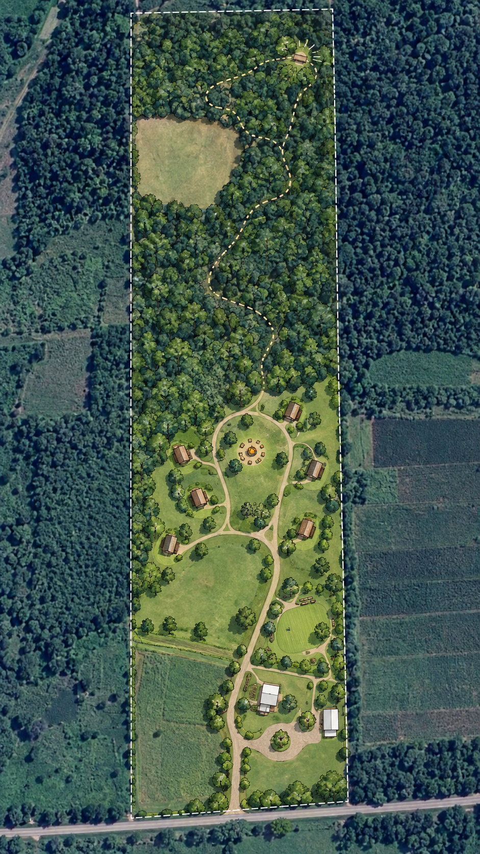 Esquema de un pequeño complejo vacacional con cabañas y áreas naturales en Granja del Sol