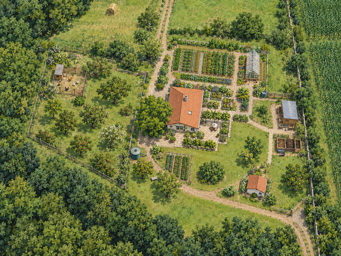 Beispiel für einen hausnahen Selbstversorger-Garten mit Gemüsebeeten, Obstbäumen, Gewächshaus, Kompost und kleiner Tierhaltung